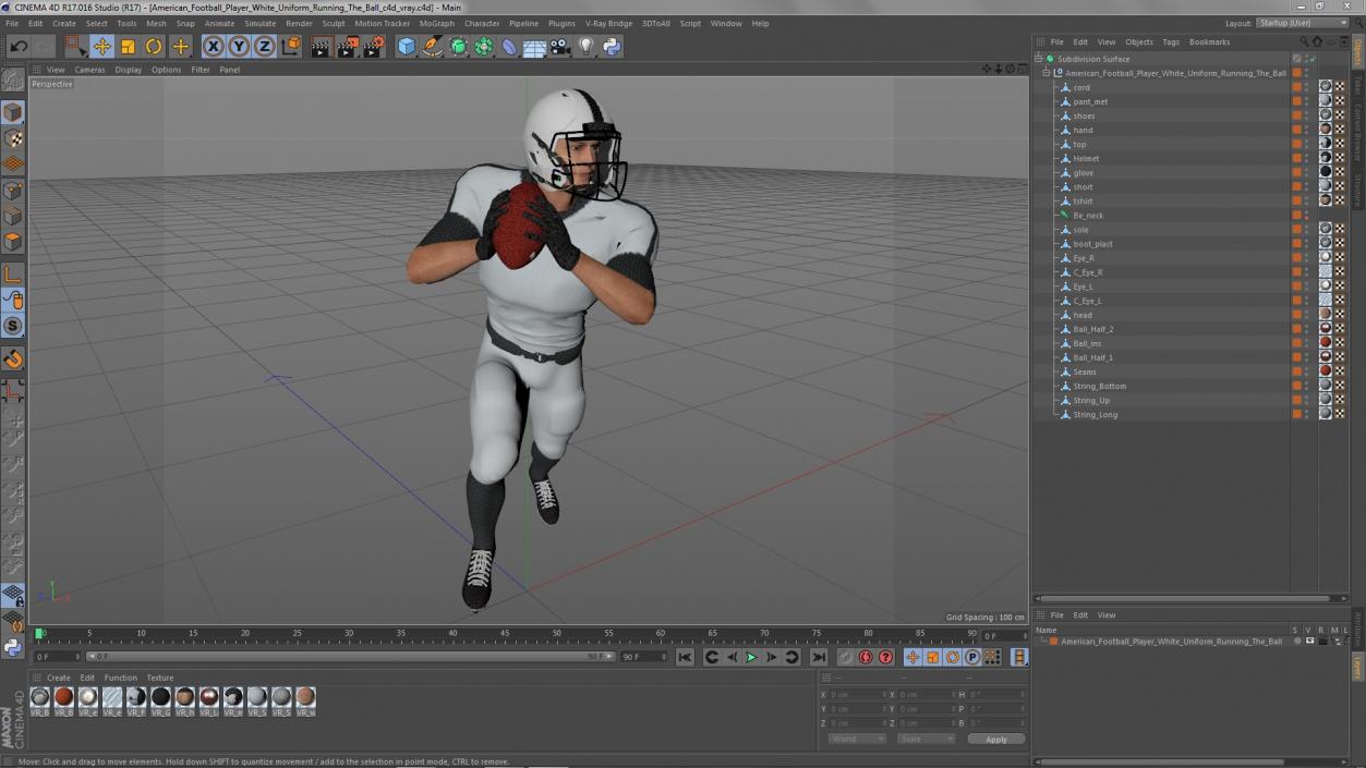 3D model American Football Player White Uniform Running The Ball