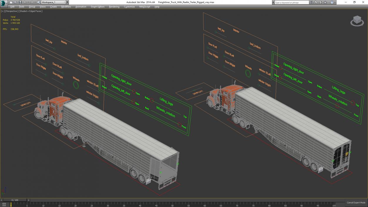 3D model Freightliner Truck with Reefer Trailer Rigged