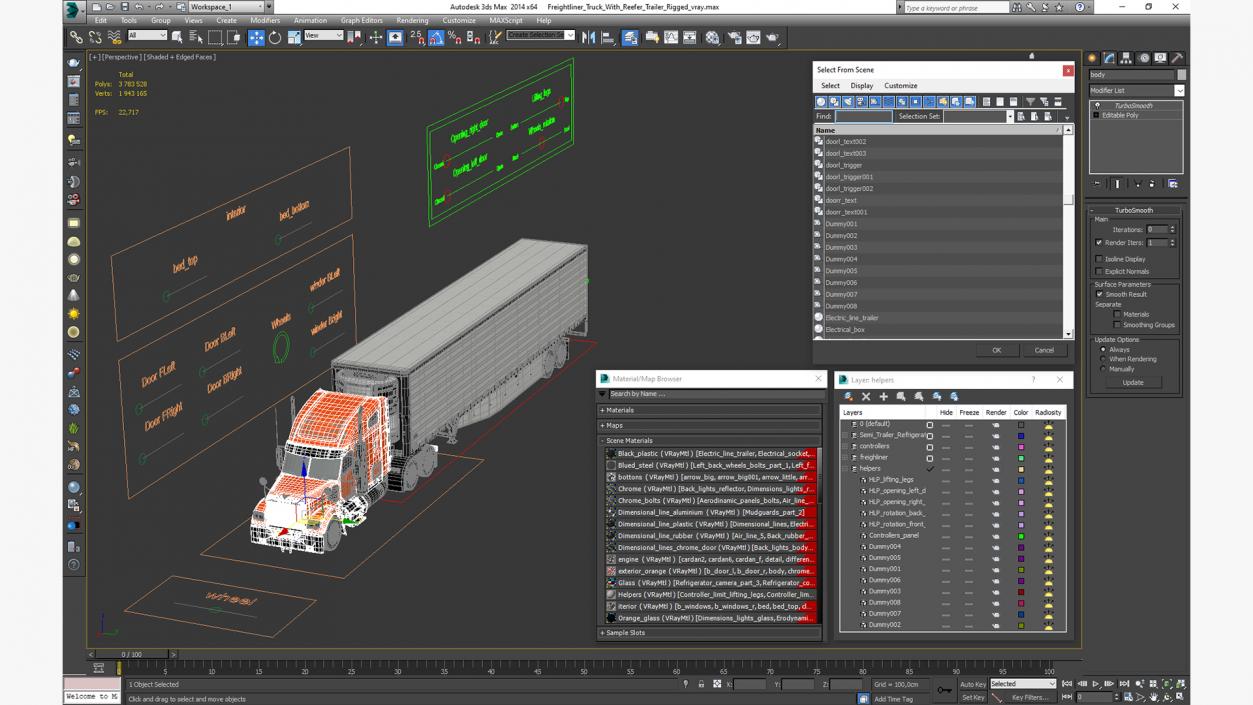 3D model Freightliner Truck with Reefer Trailer Rigged