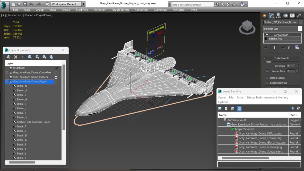 3D Grey Kamikaze Drone Rigged