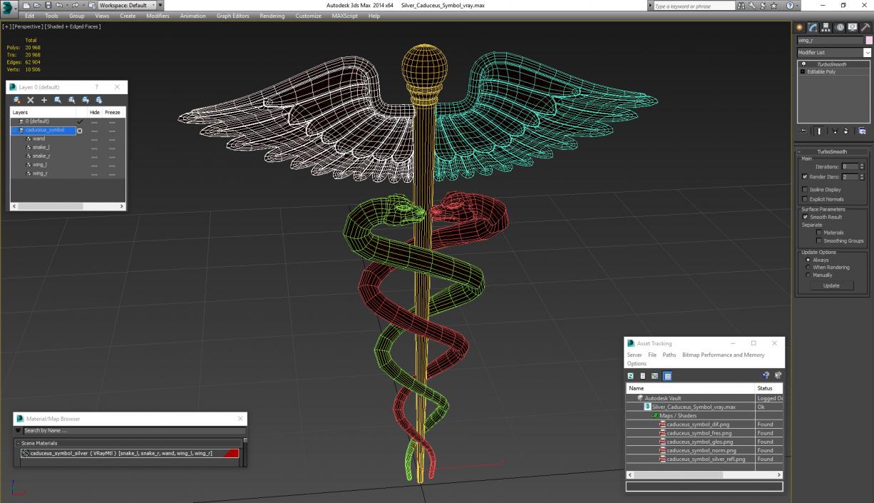 Silver Caduceus Symbol 3D