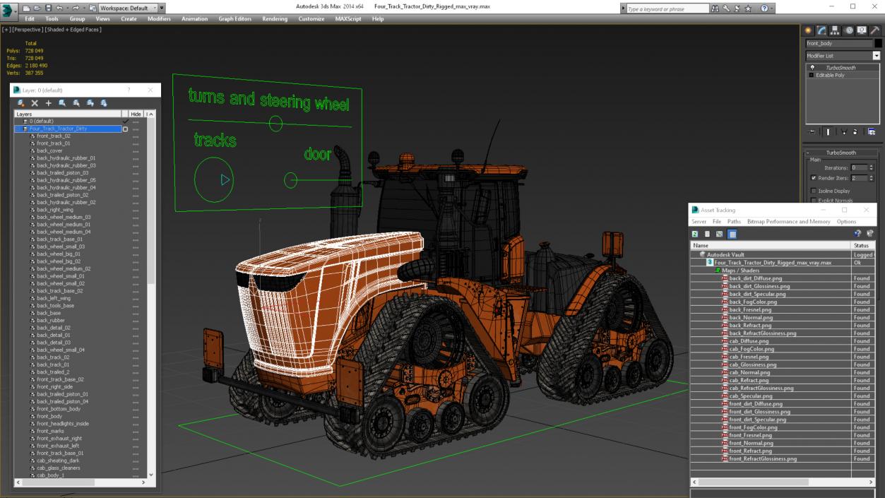 3D Four Track Tractor Dirty Rigged