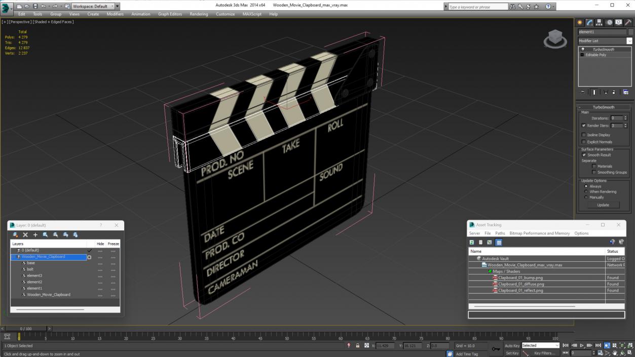 Wooden Movie Clapboard 3D