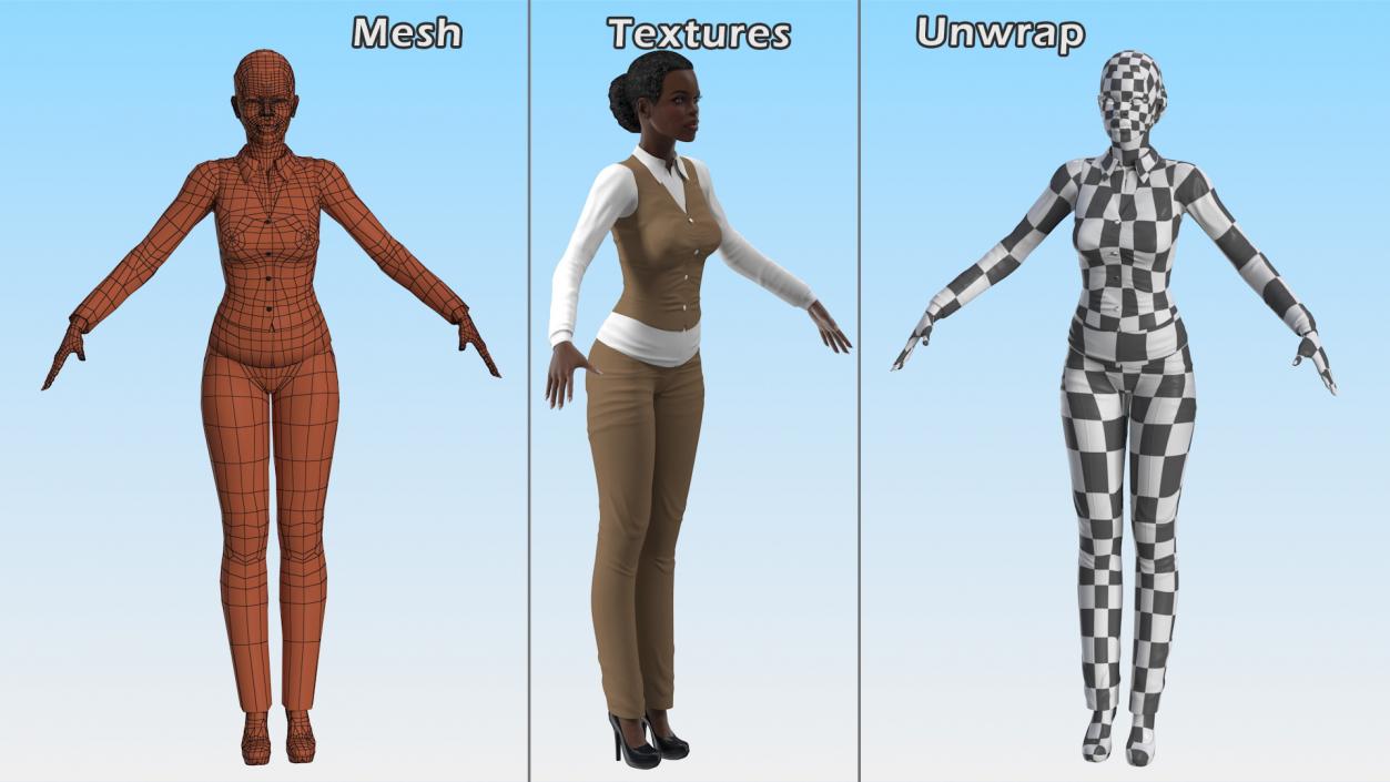 3D Dark Skin Business Style Woman Neutral Pose model