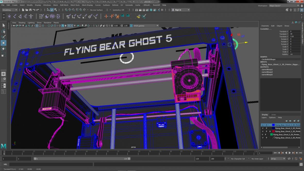 3D Flying Bear Ghost 5 3D Printer Rigged for Maya