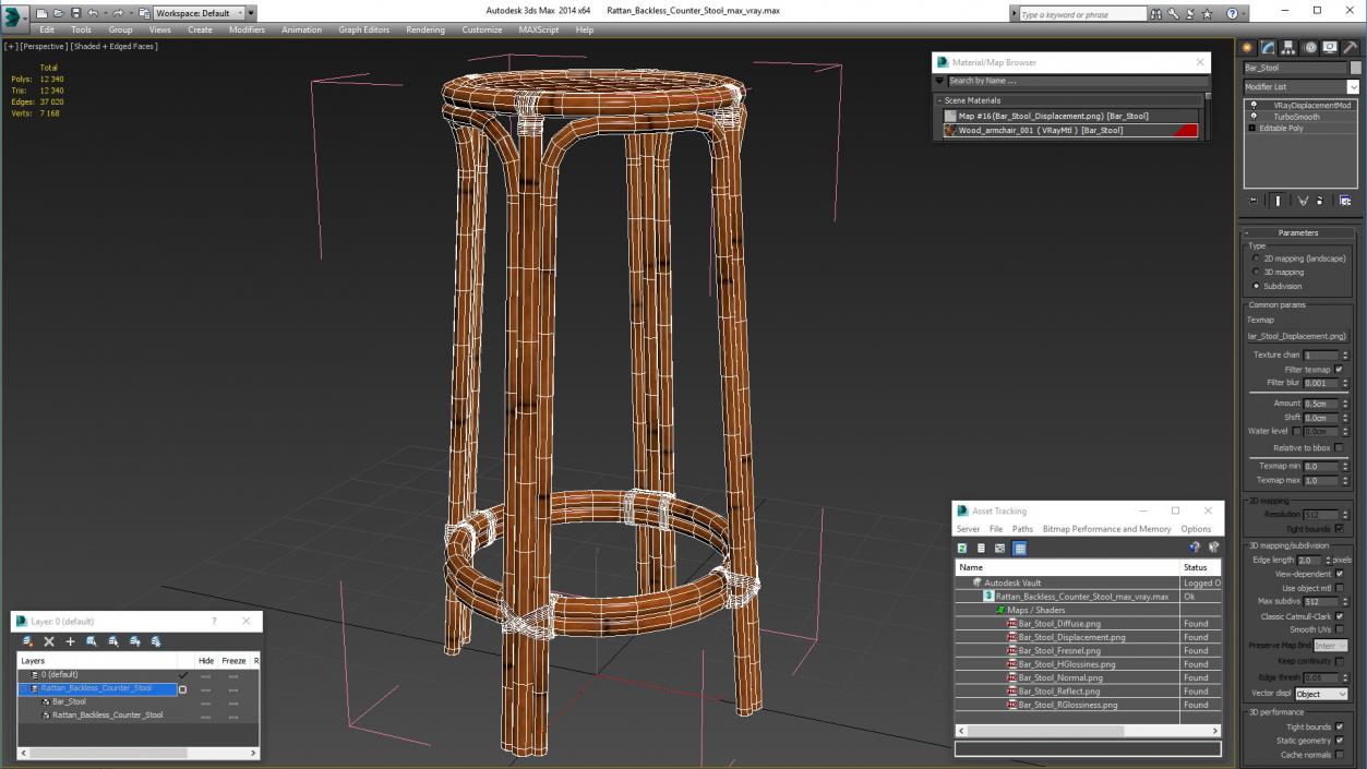 Rattan Backless Counter Stool 3D model