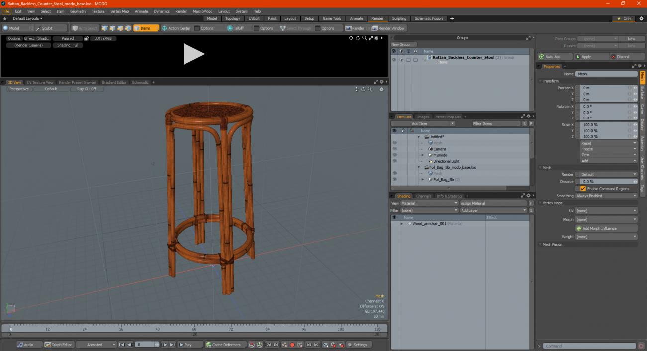 Rattan Backless Counter Stool 3D model