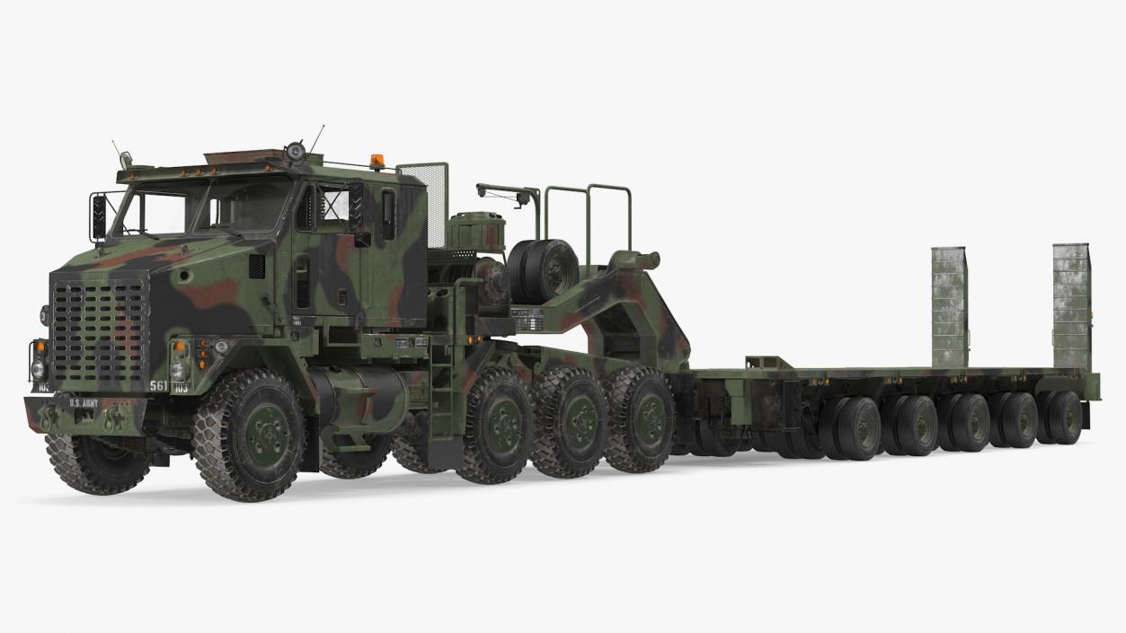 Dirty Camouflage Oshkosh M1070 Tank Transporter Tractor with M1000 Semi-Trailer 3D model