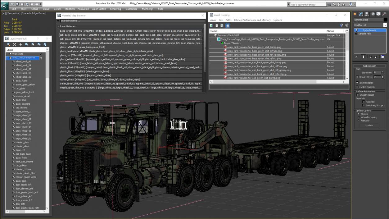 Dirty Camouflage Oshkosh M1070 Tank Transporter Tractor with M1000 Semi-Trailer 3D model