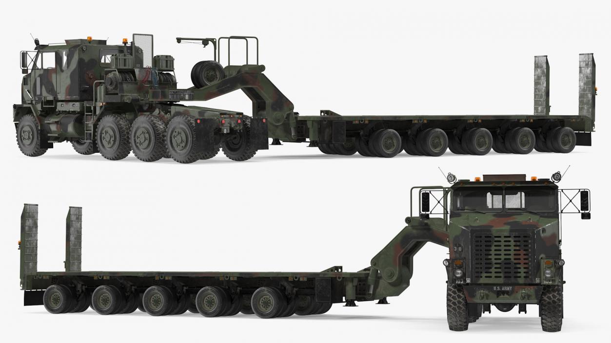 Dirty Camouflage Oshkosh M1070 Tank Transporter Tractor with M1000 Semi-Trailer 3D model