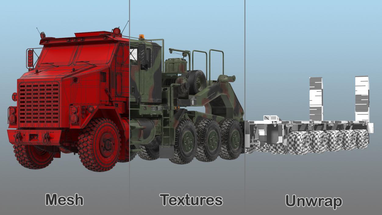 Dirty Camouflage Oshkosh M1070 Tank Transporter Tractor with M1000 Semi-Trailer 3D model