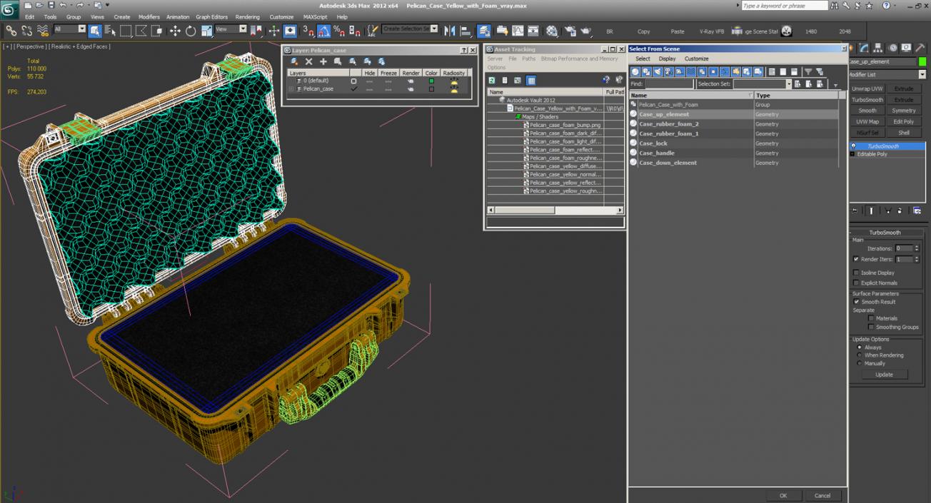 Pelican Case Yellow with Foam 3D model