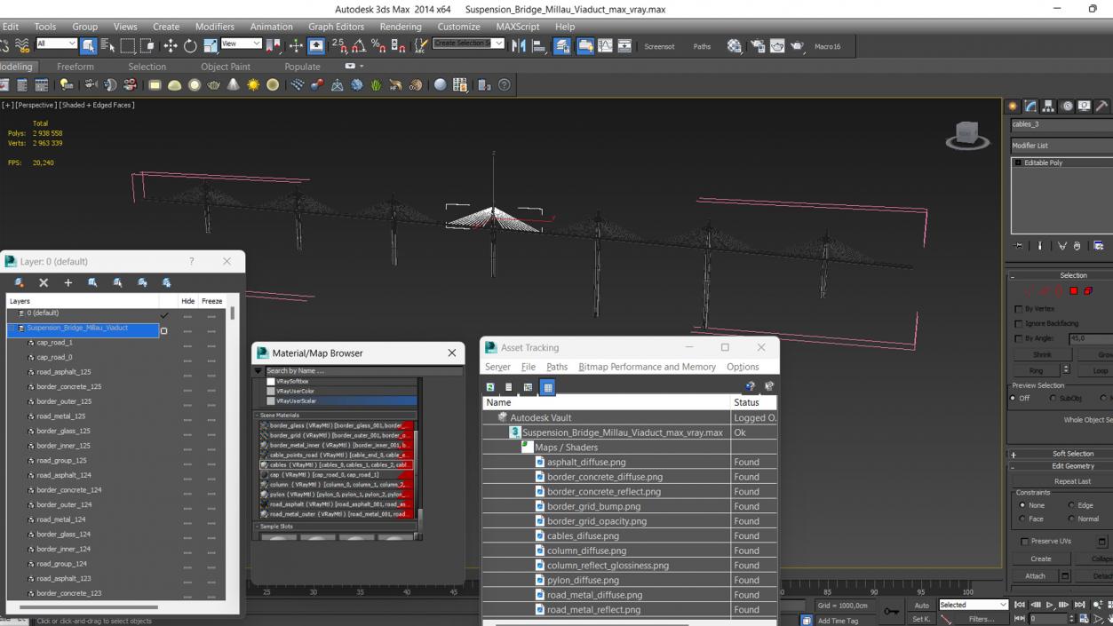 Suspension Bridge Millau Viaduct 3D