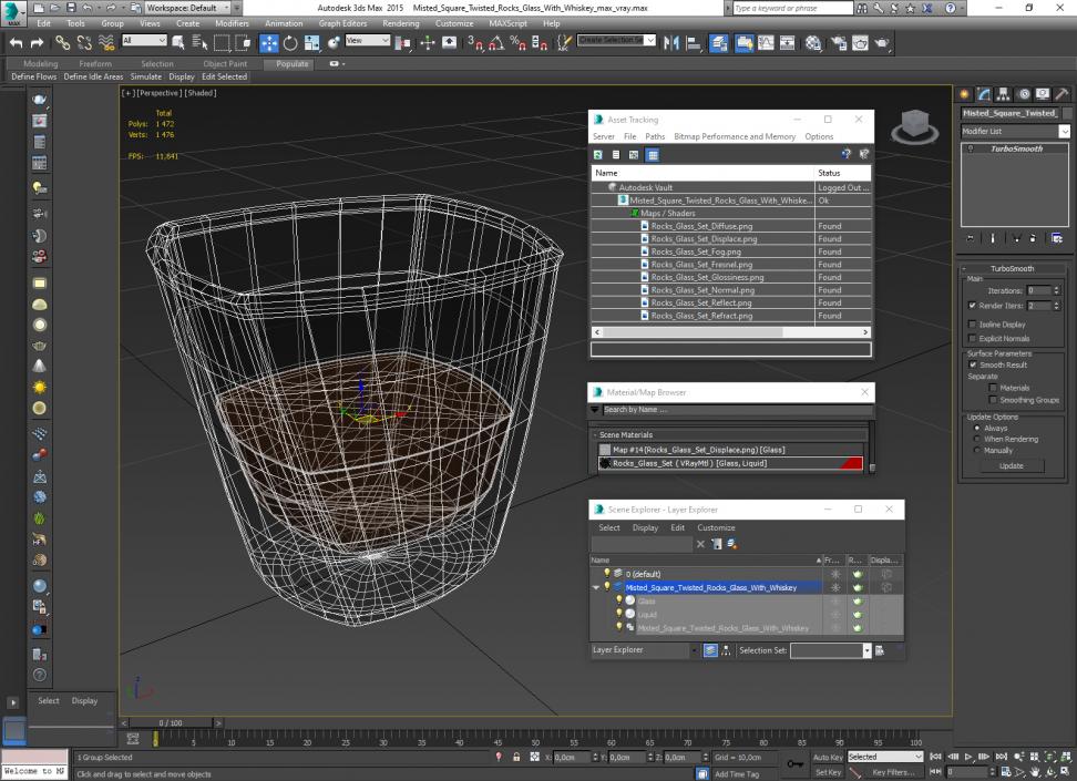 3D Misted Square Twisted Rocks Glass With Whiskey