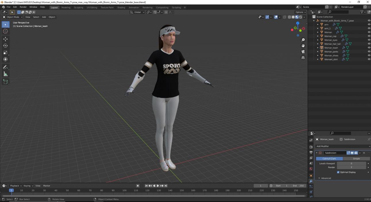 Woman with Bionic Arms T-pose 3D model