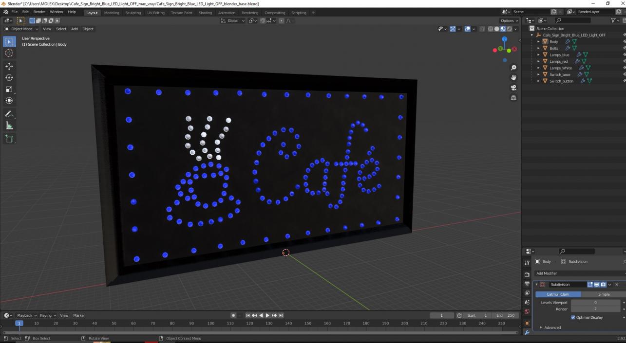 3D model Cafe Sign Bright Blue LED Light OFF