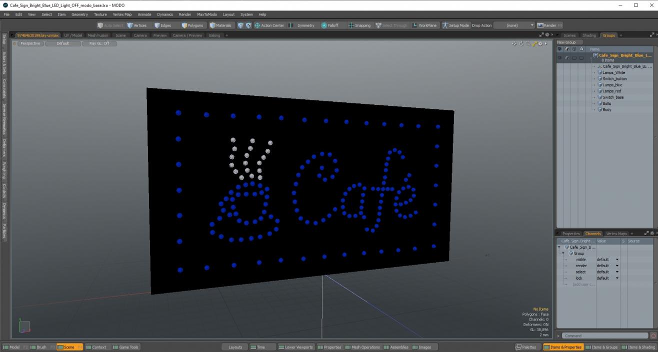 3D model Cafe Sign Bright Blue LED Light OFF