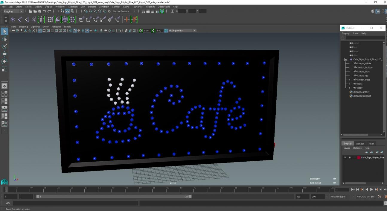 3D model Cafe Sign Bright Blue LED Light OFF