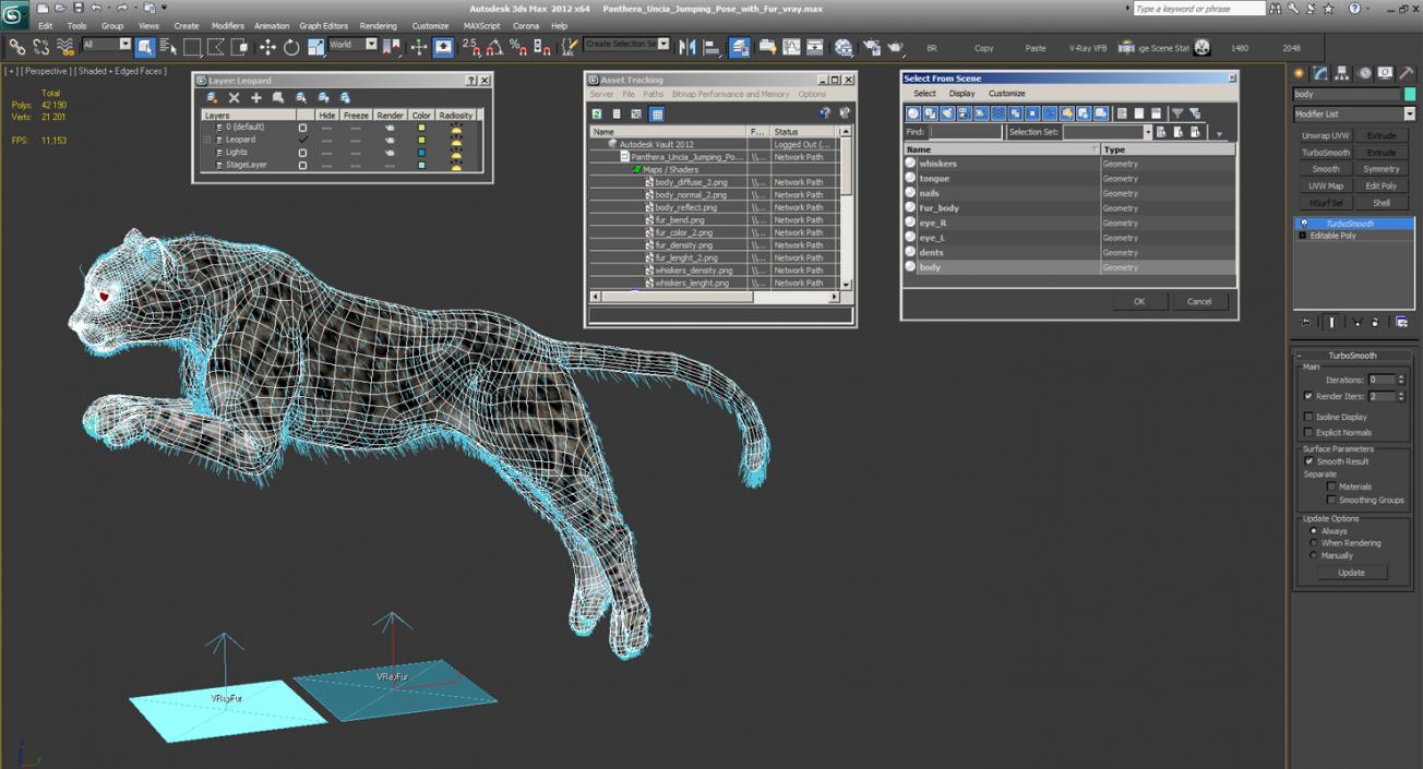 3D Panthera Uncia Jumping Pose with Fur