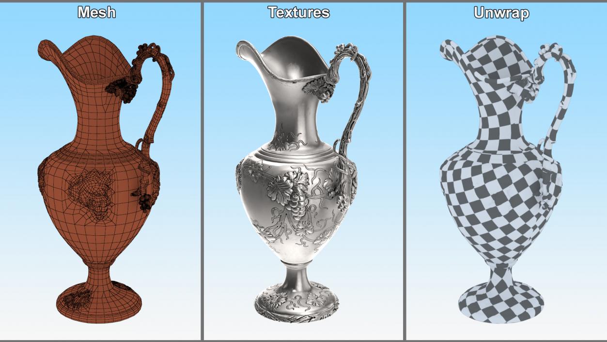 3D Silver Pitcher in Grape Pattern