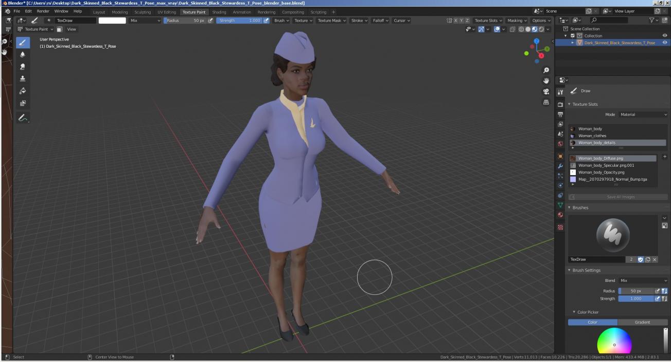 3D Dark Skinned Black Stewardess T Pose