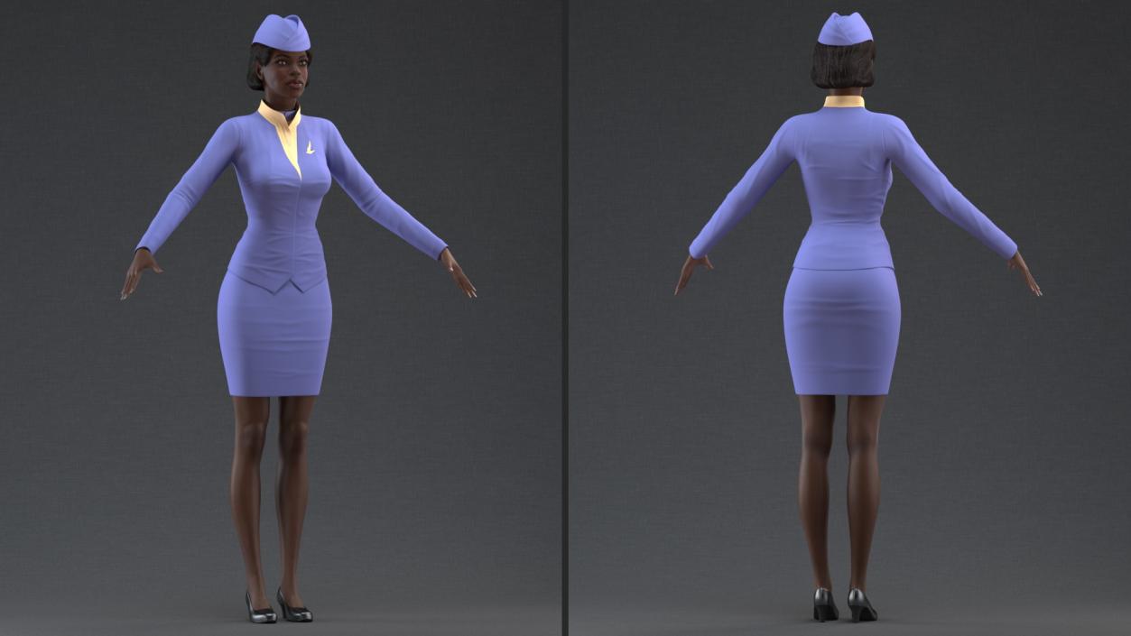 3D Dark Skinned Black Stewardess T Pose