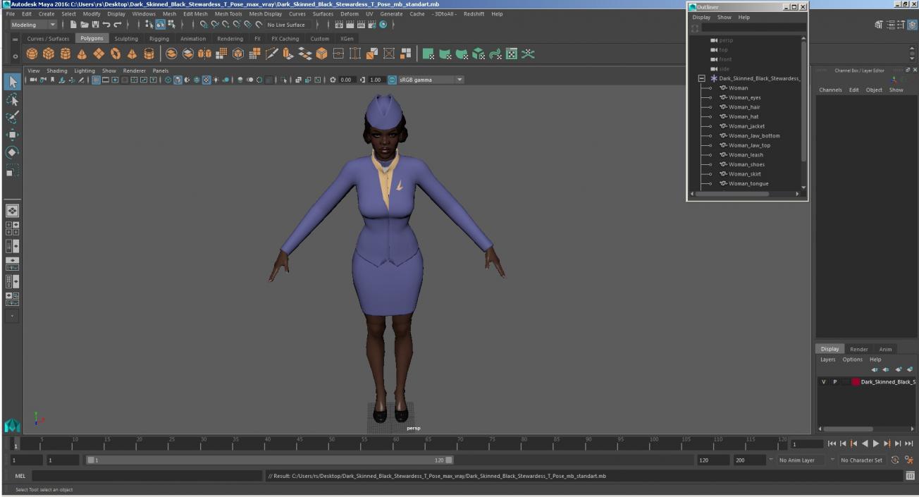 3D Dark Skinned Black Stewardess T Pose