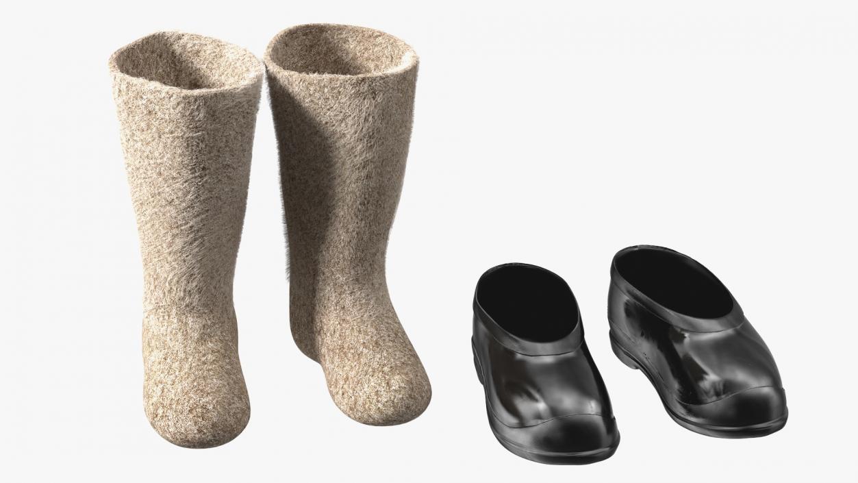 3D Traditional Felt Boots with Galoshes Black Fur