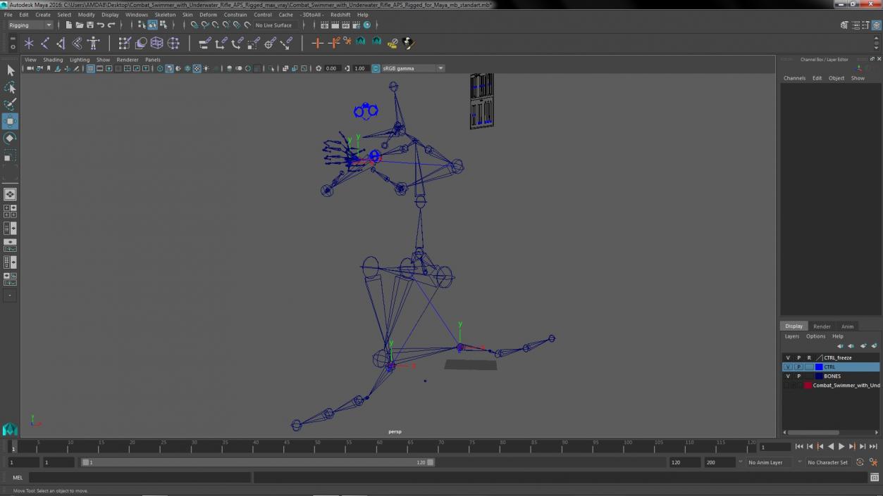 3D Combat Swimmer with Underwater Rifle APS Rigged for Maya