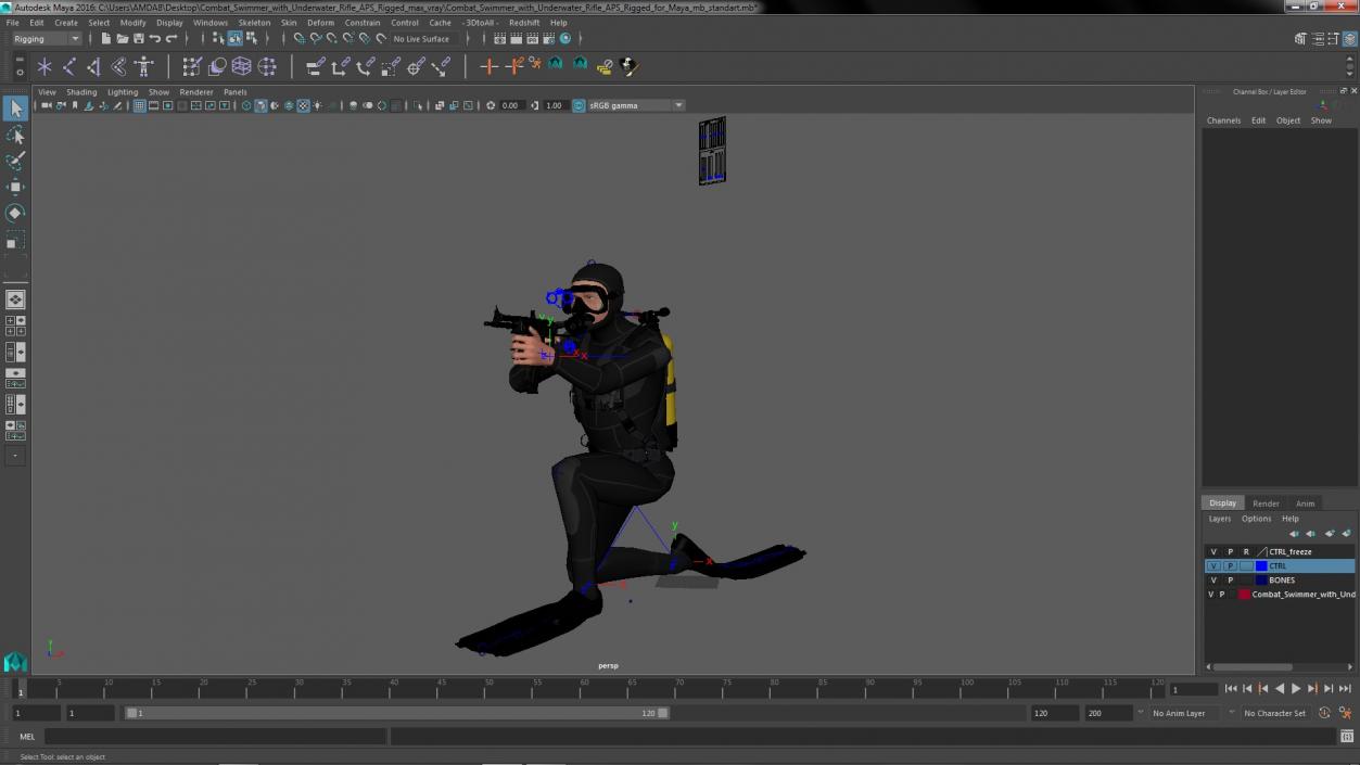 3D Combat Swimmer with Underwater Rifle APS Rigged for Maya