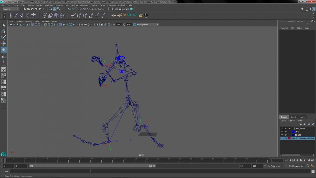 3D Combat Swimmer with Underwater Rifle APS Rigged for Maya