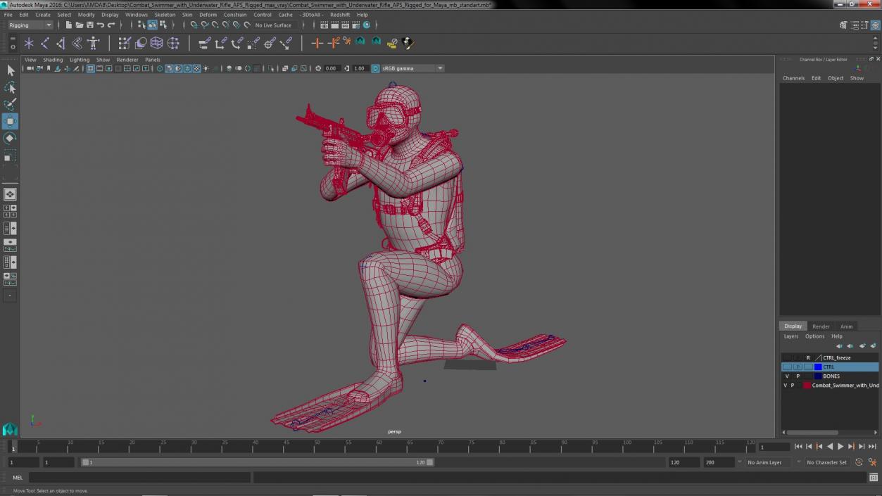 3D Combat Swimmer with Underwater Rifle APS Rigged for Maya