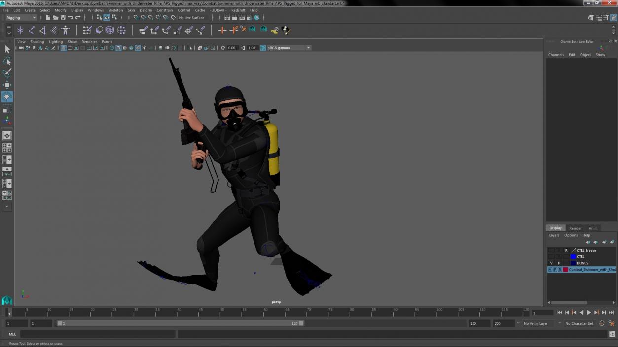 3D Combat Swimmer with Underwater Rifle APS Rigged for Maya