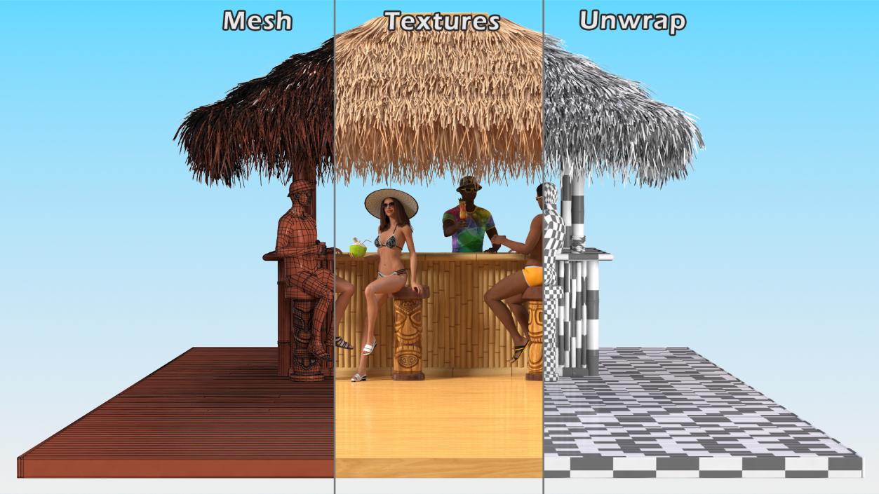 Barman and People at Tiki Bar 3D model