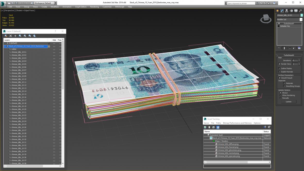 Stack of Chinese 10 Yuan 2019 Banknotes 3D model