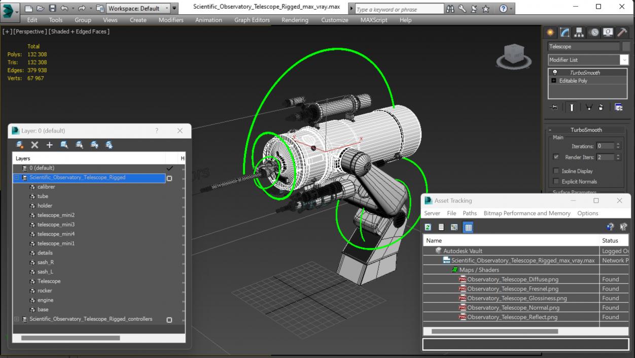 3D Scientific Observatory Telescope Rigged for Maya model