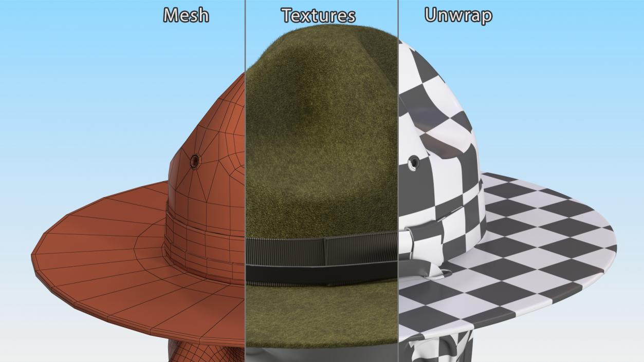 3D model Drill Sergeant Campaign Hat Green on Mannequin Fur