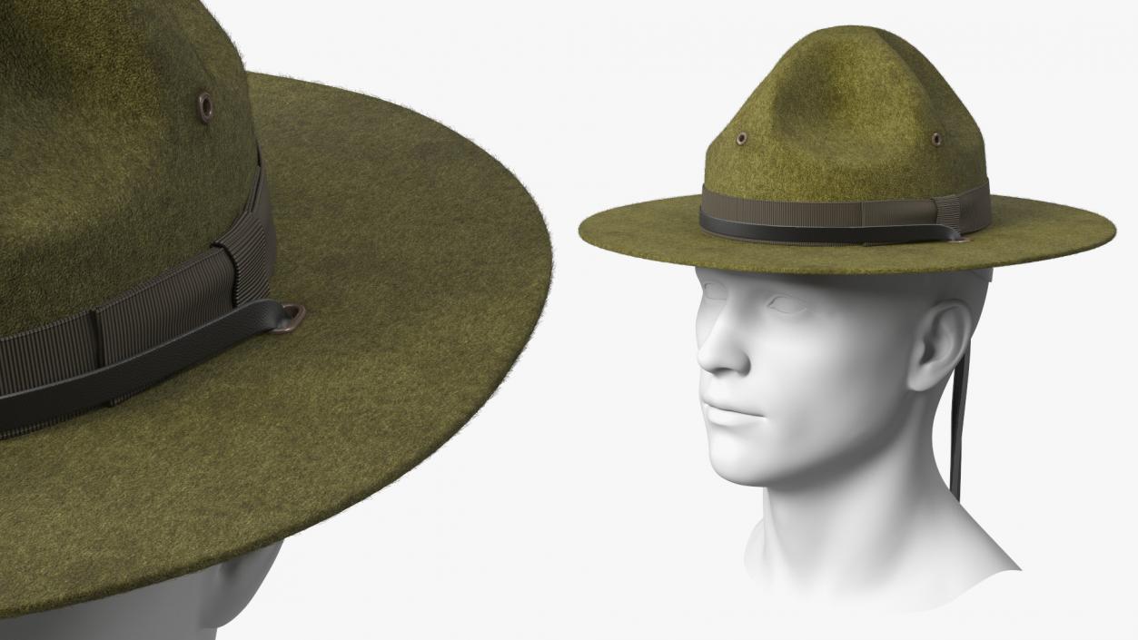 3D model Drill Sergeant Campaign Hat Green on Mannequin Fur