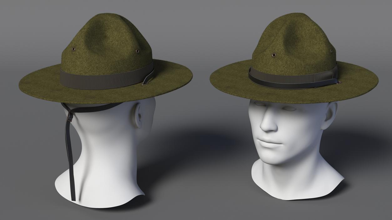 3D model Drill Sergeant Campaign Hat Green on Mannequin Fur