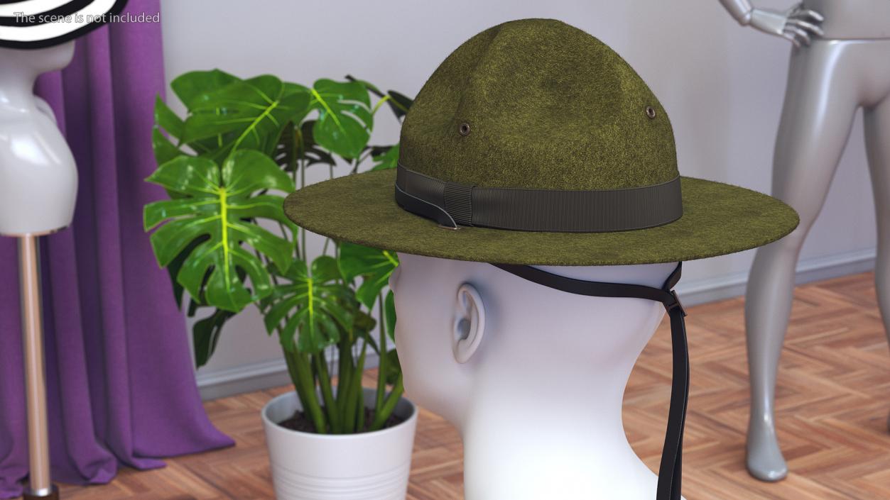 3D model Drill Sergeant Campaign Hat Green on Mannequin Fur