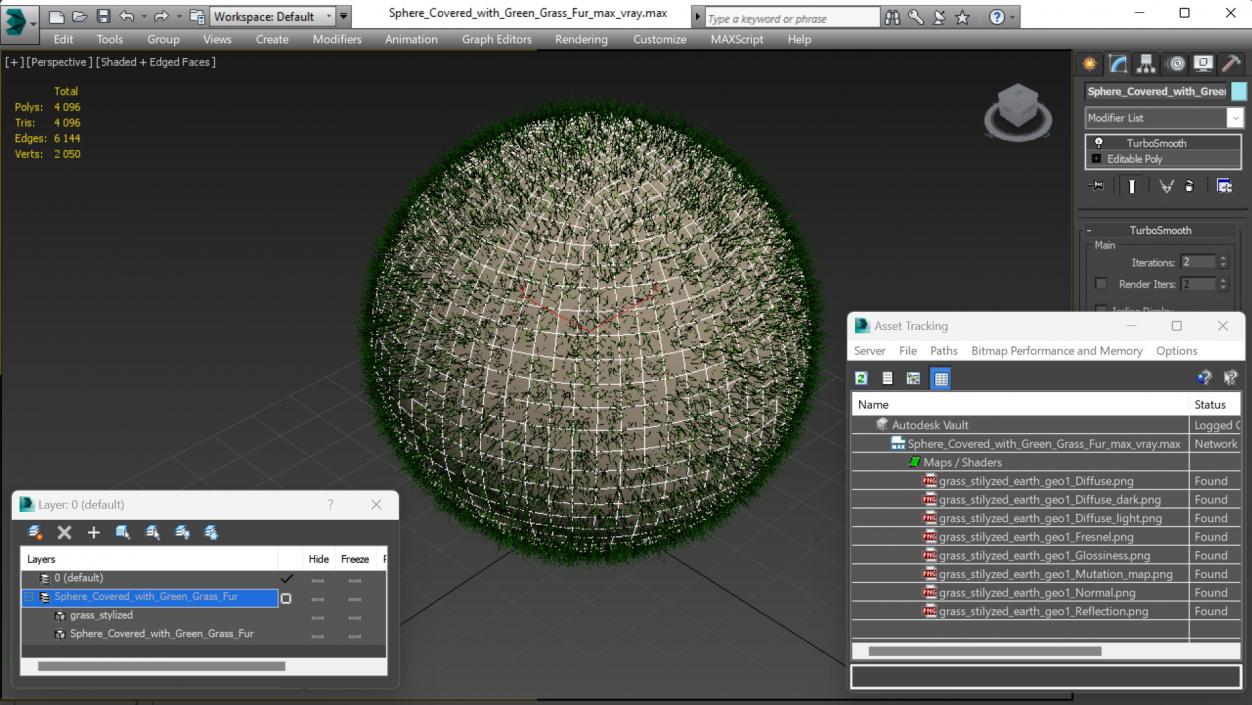 3D model Sphere Covered with Green Grass Fur