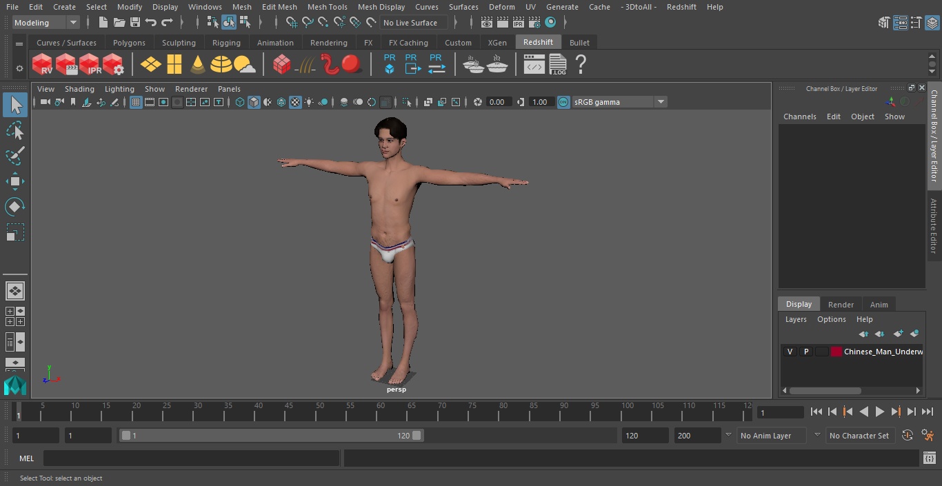 3D Chinese Man Underwear T-Pose model