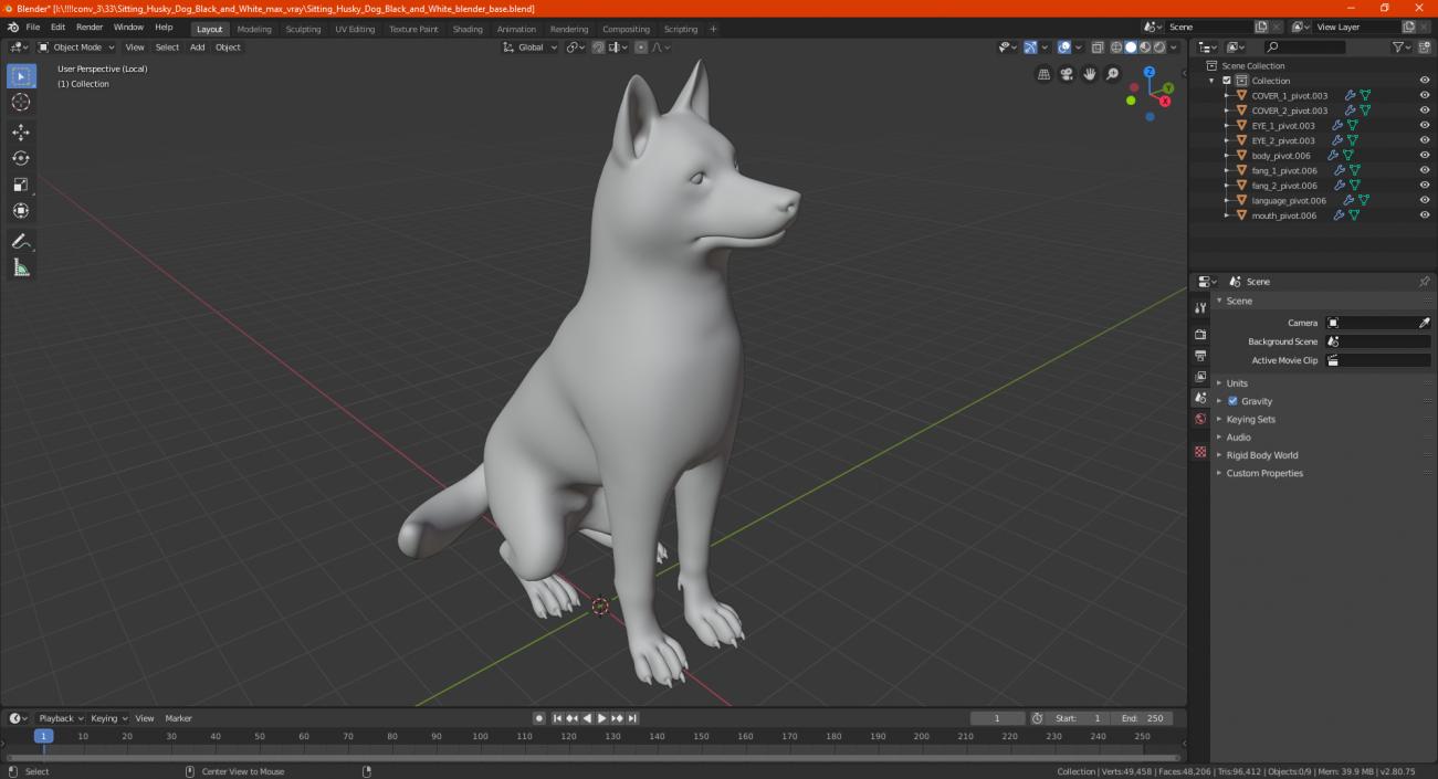 Sitting Siberian Husky Gray and White 3D