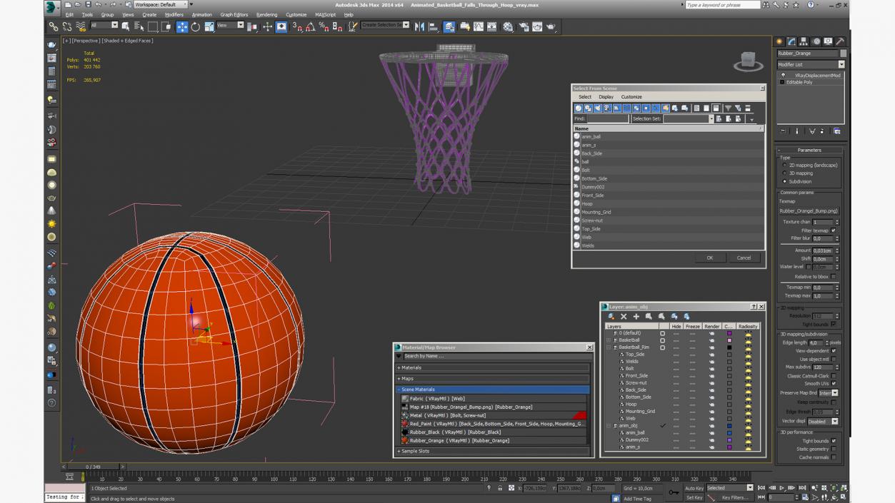 3D Animated Basketball Falls Through Hoop model