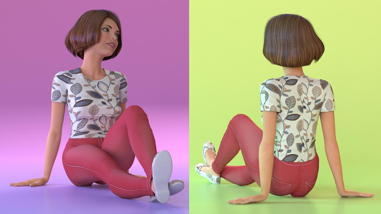 Cartoon Young Woman Casual Clothes Sitting Pose 3D