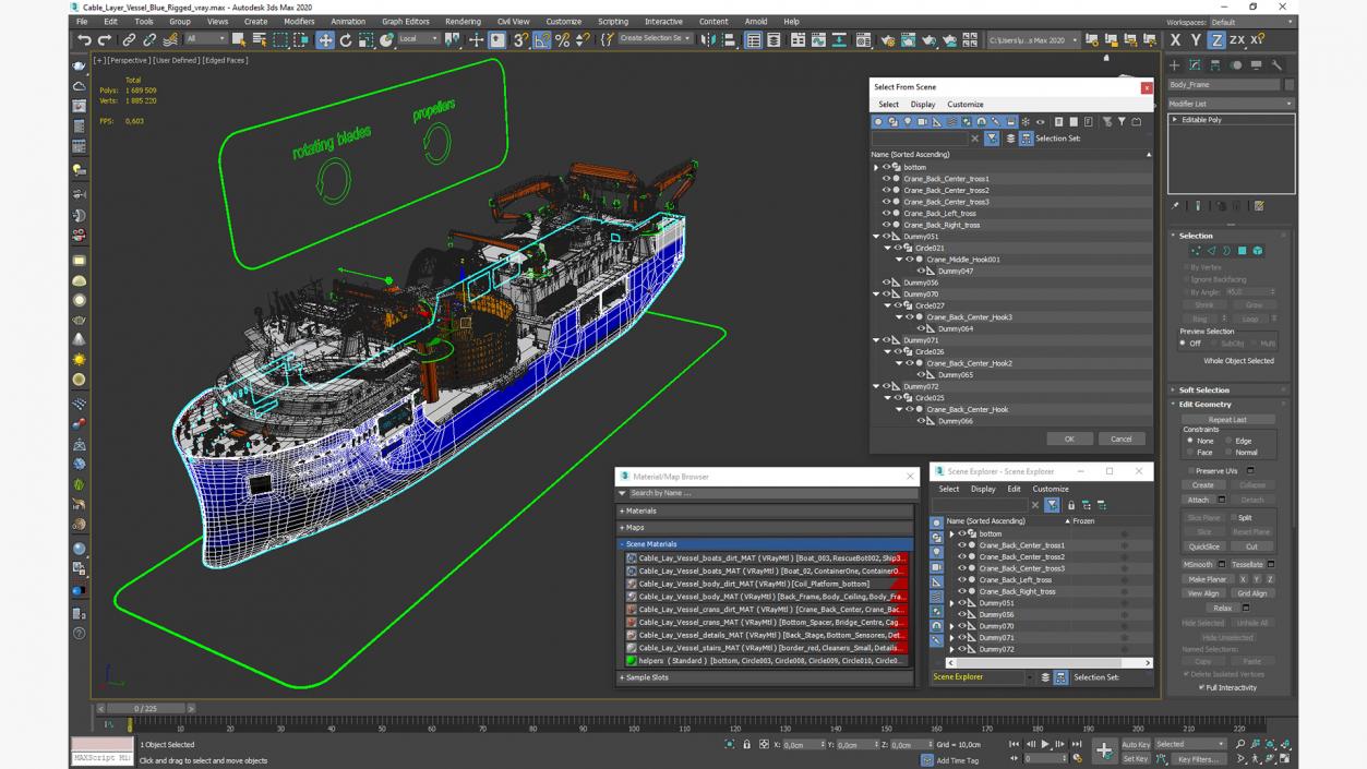 3D model Cable Layer Vessel Blue Rigged