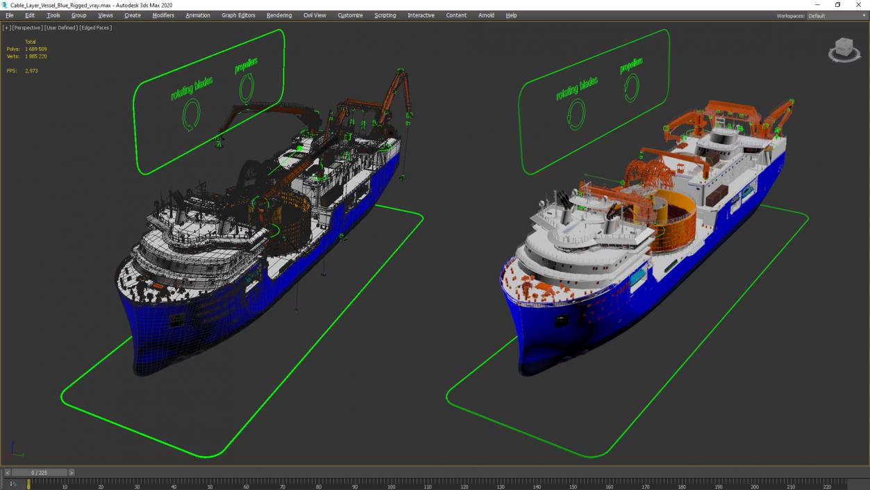 3D model Cable Layer Vessel Blue Rigged