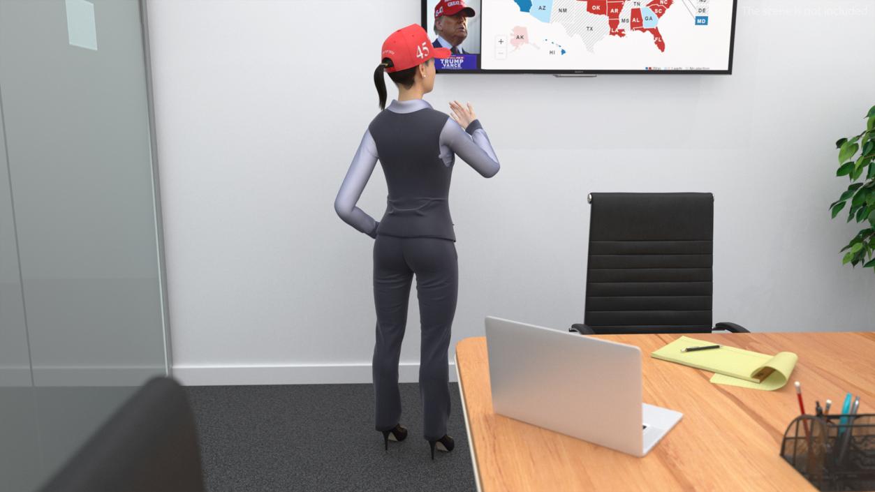 3D Asian Businesswoman Fur in MAGA Hat Fur Rigged