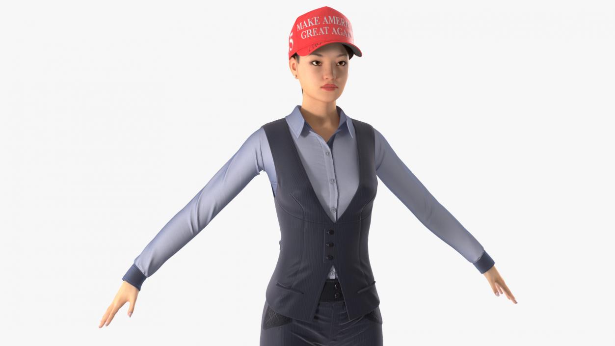 3D Asian Businesswoman Fur in MAGA Hat Fur Rigged