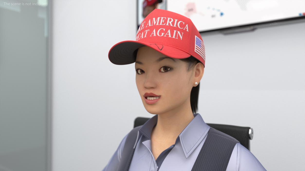 3D Asian Businesswoman Fur in MAGA Hat Fur Rigged